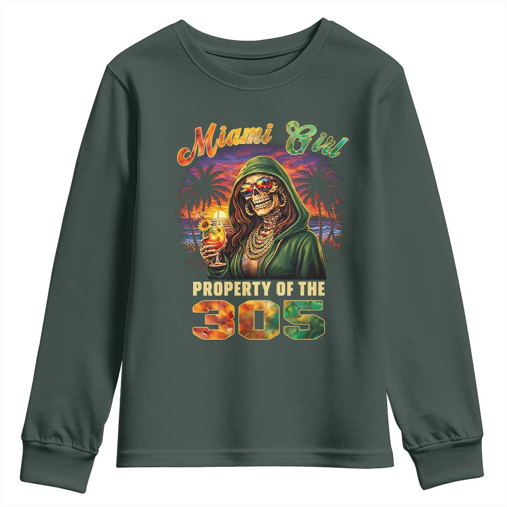 Miami Girl Skeleton Property of the 305 Youth Sweatshirt Tropical City Florida Pride Street Style TS02 Dark Forest Green Print Your Wear