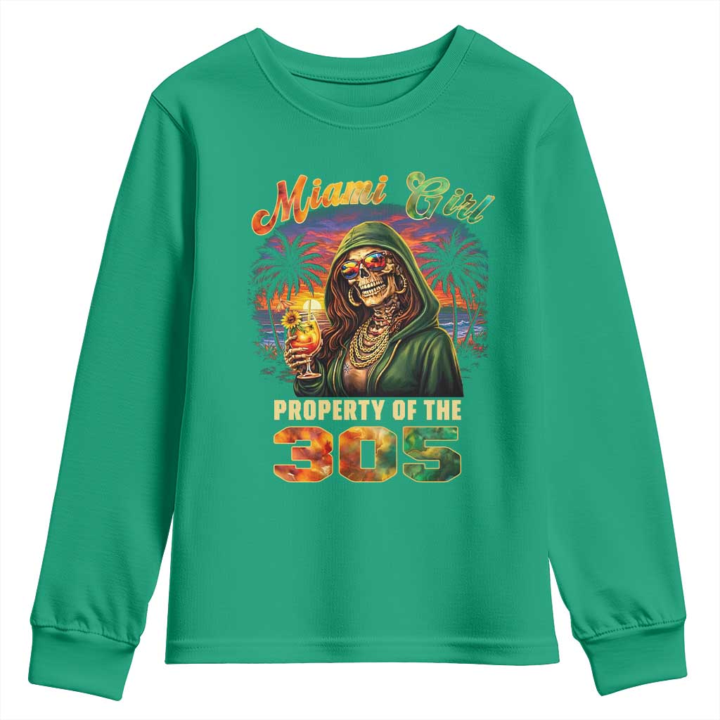 Miami Girl Skeleton Property of the 305 Youth Sweatshirt Tropical City Florida Pride Street Style TS02 Irish Green Print Your Wear