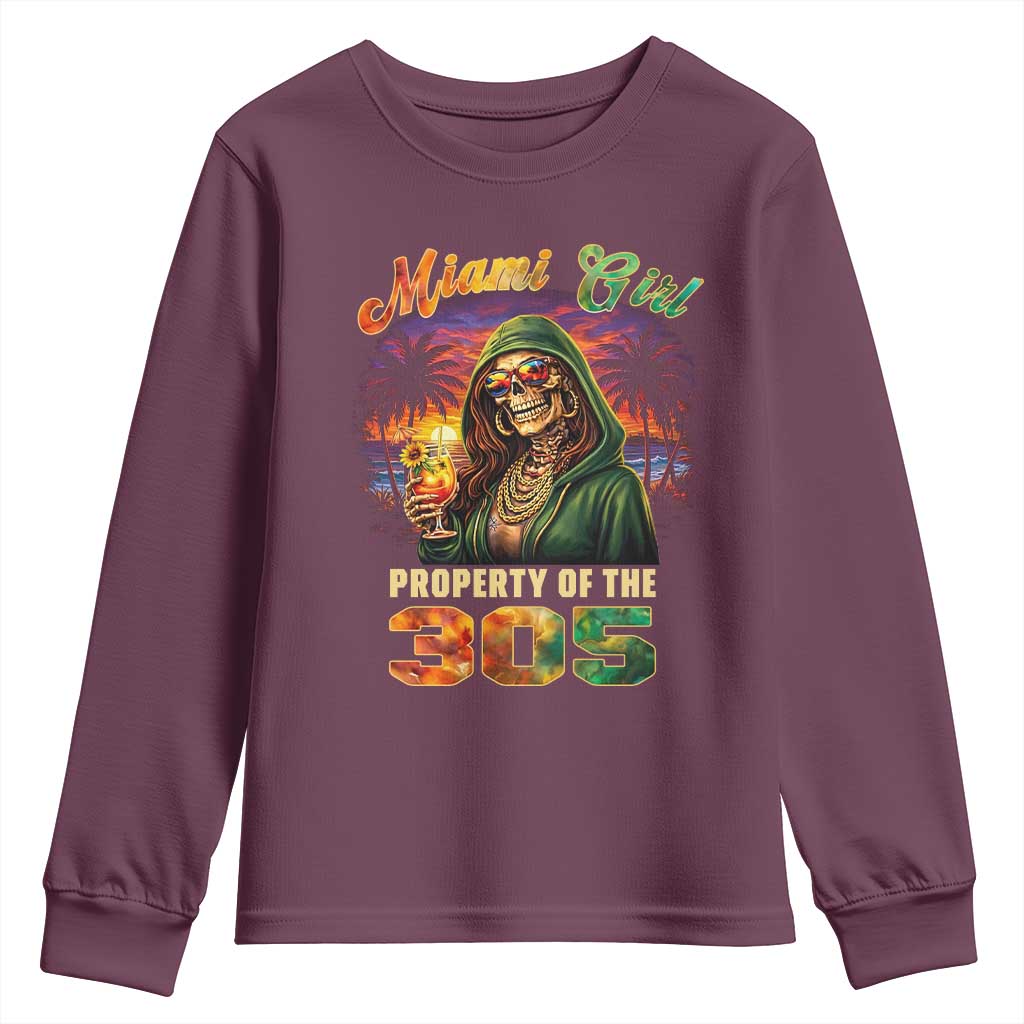 Miami Girl Skeleton Property of the 305 Youth Sweatshirt Tropical City Florida Pride Street Style TS02 Maroon Print Your Wear