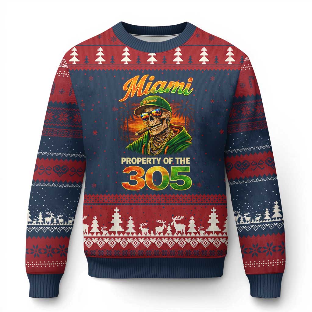 Miami Property of the 305 Skeleton Graphic Ugly Christmas Sweater Street King with Sunset Florida Swag TS02 Navy Red Print Your Wear