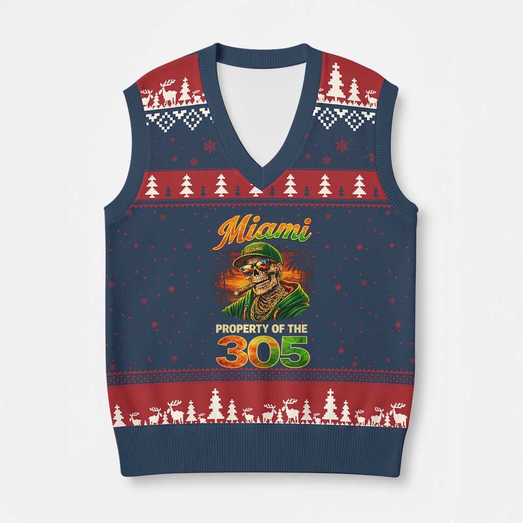Miami Property of the 305 Skeleton Graphic V-Neck Knit Sweater Vest Street King with Sunset Florida Swag TS02 Navy Red Print Your Wear
