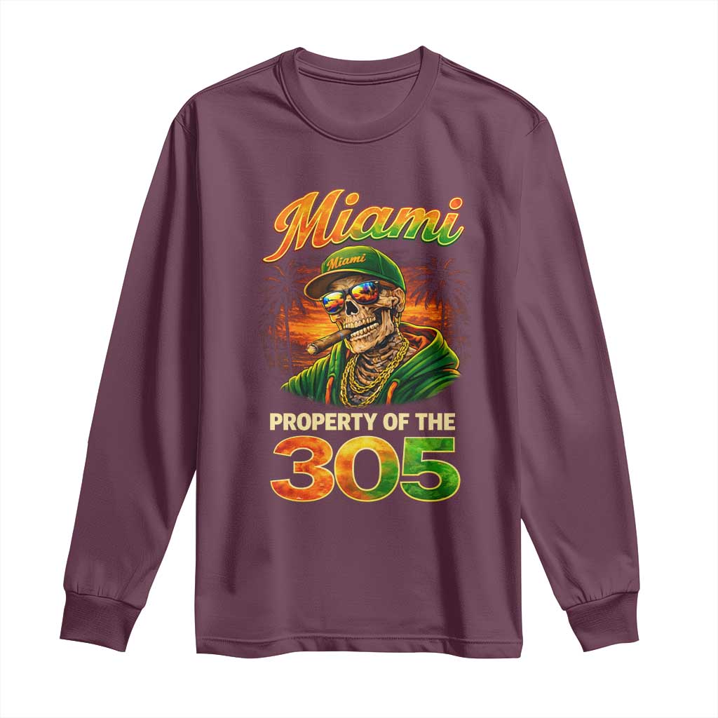 Miami Property of the 305 Skeleton Graphic Long Sleeve Shirt Street King with Sunset Florida Swag TS02 Maroon Print Your Wear