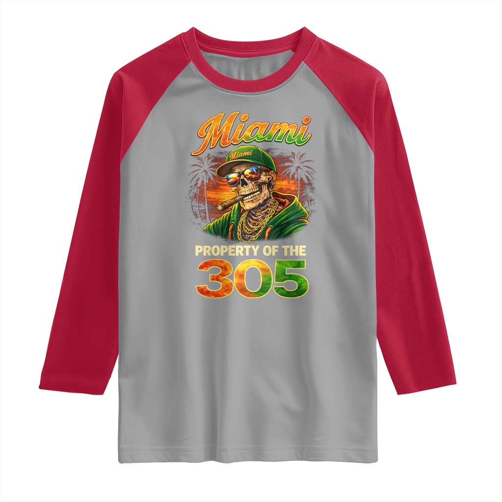 Miami Property of the 305 Skeleton Graphic Raglan Shirt Street King with Sunset Florida Swag TS02 Sport Gray Red Print Your Wear