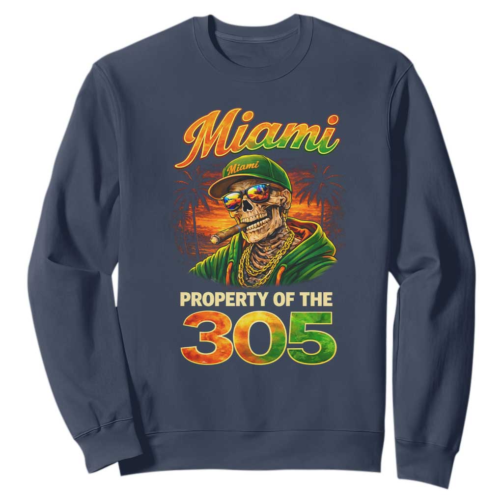 Miami Property of the 305 Skeleton Graphic Sweatshirt Street King with Sunset Florida Swag TS02 Navy Print Your Wear