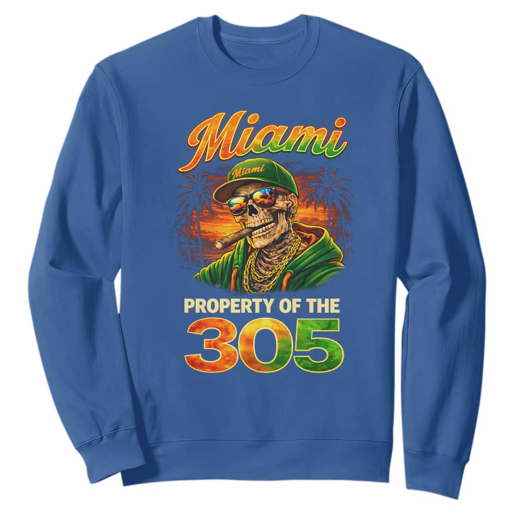 Miami Property of the 305 Skeleton Graphic Sweatshirt Street King with Sunset Florida Swag TS02 Royal Blue Print Your Wear
