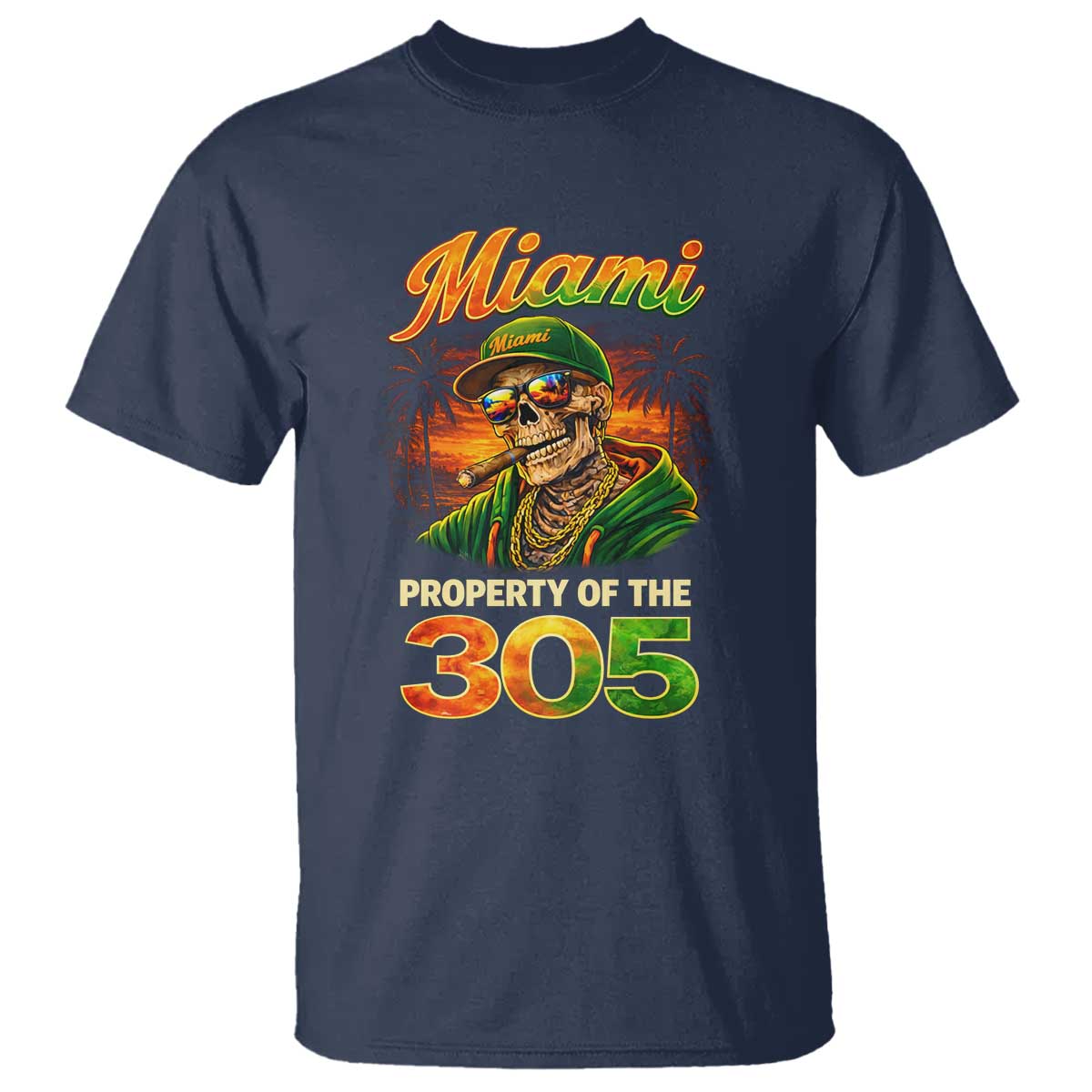 Miami Property of the 305 Skeleton Graphic T Shirt Street King with Sunset Florida Swag TS02 Navy Print Your Wear