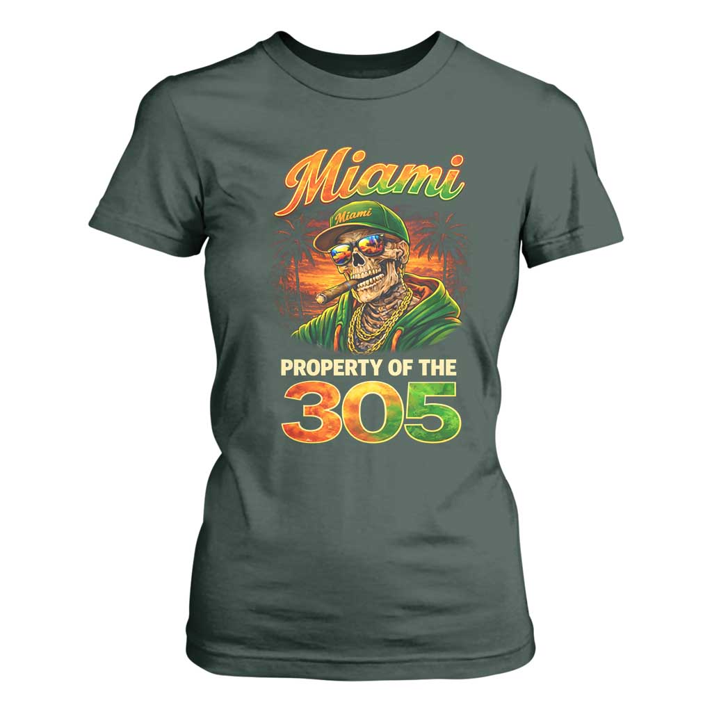 Miami Property of the 305 Skeleton Graphic T Shirt For Women Street King with Sunset Florida Swag TS02 Dark Forest Green Print Your Wear