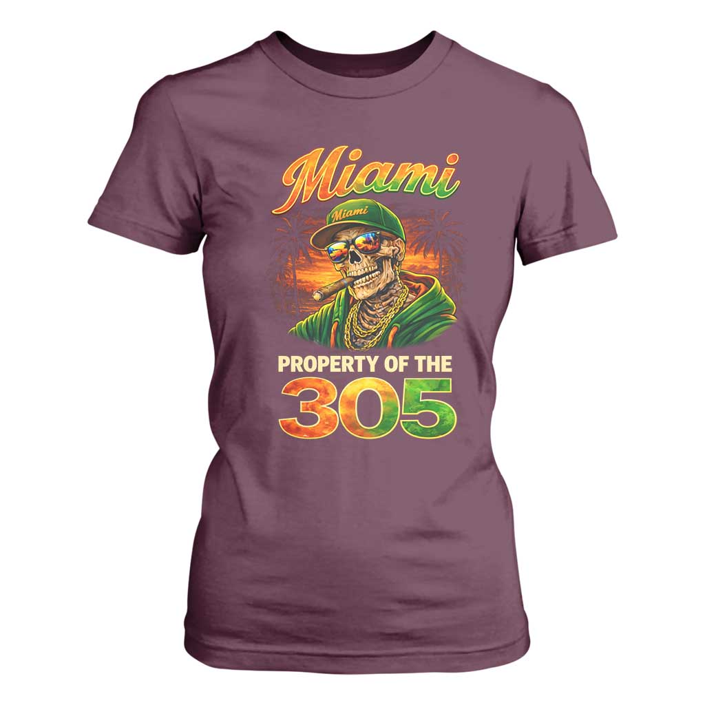Miami Property of the 305 Skeleton Graphic T Shirt For Women Street King with Sunset Florida Swag TS02 Maroon Print Your Wear