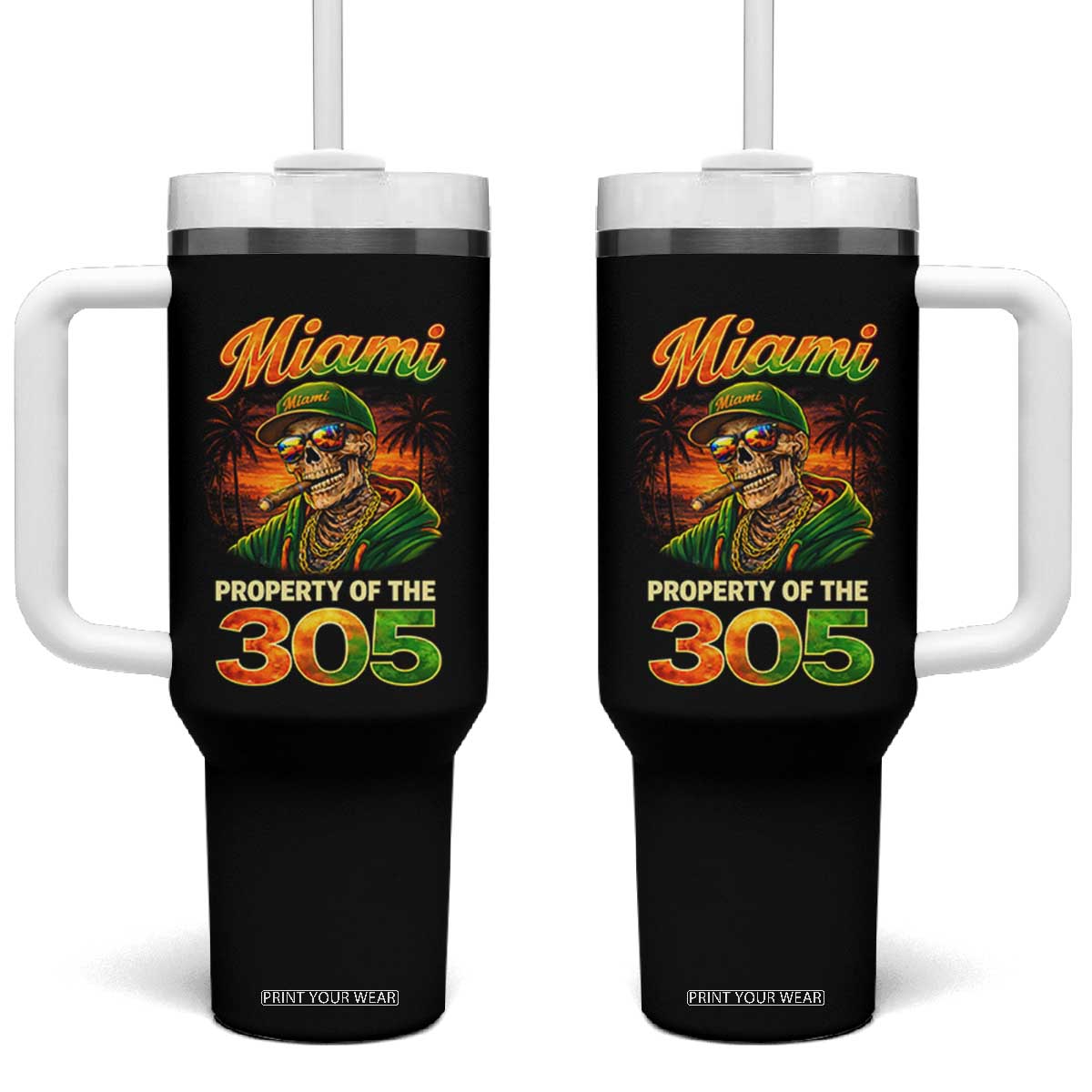 Miami Property of the 305 Skeleton Graphic Tumbler With Handle Street King with Sunset Florida Swag TS02 One Size: 40 oz Black Print Your Wear