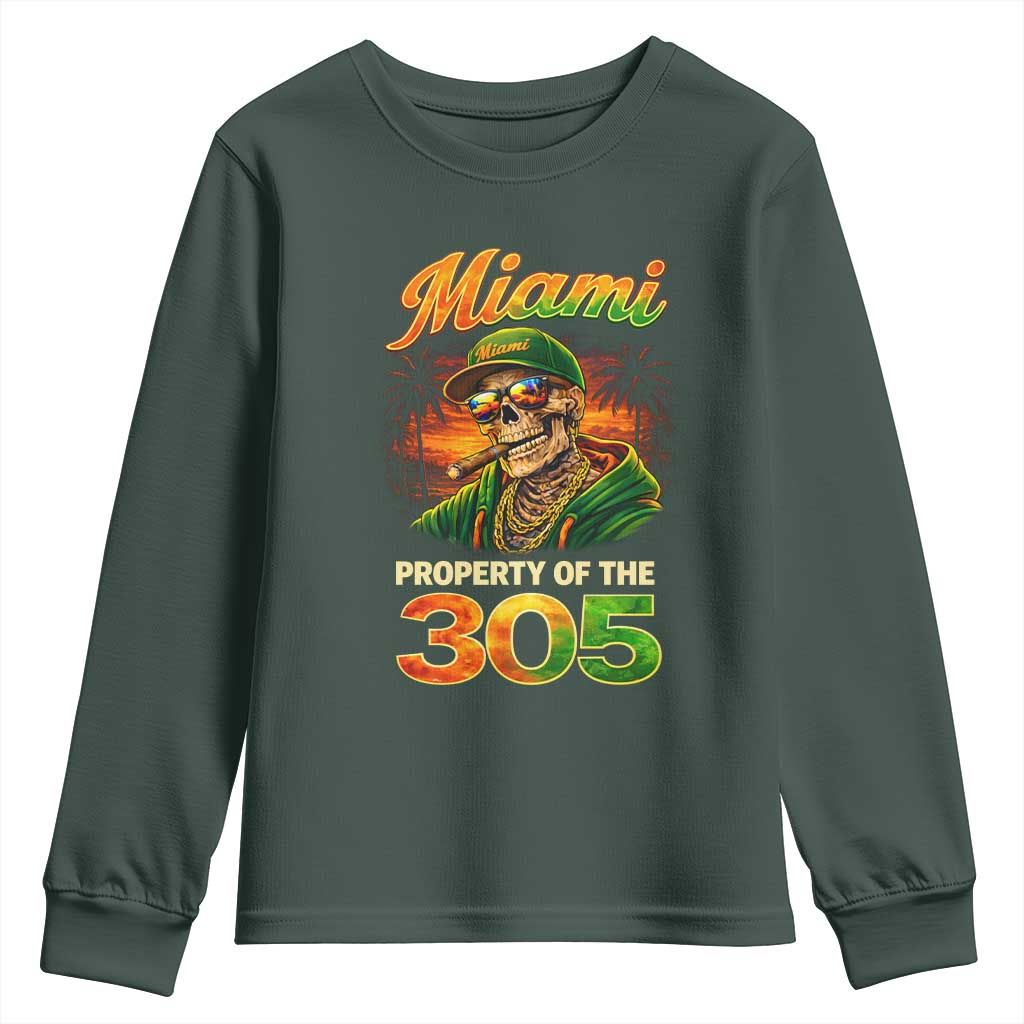 Miami Property of the 305 Skeleton Graphic Youth Sweatshirt Street King with Sunset Florida Swag TS02 Dark Forest Green Print Your Wear