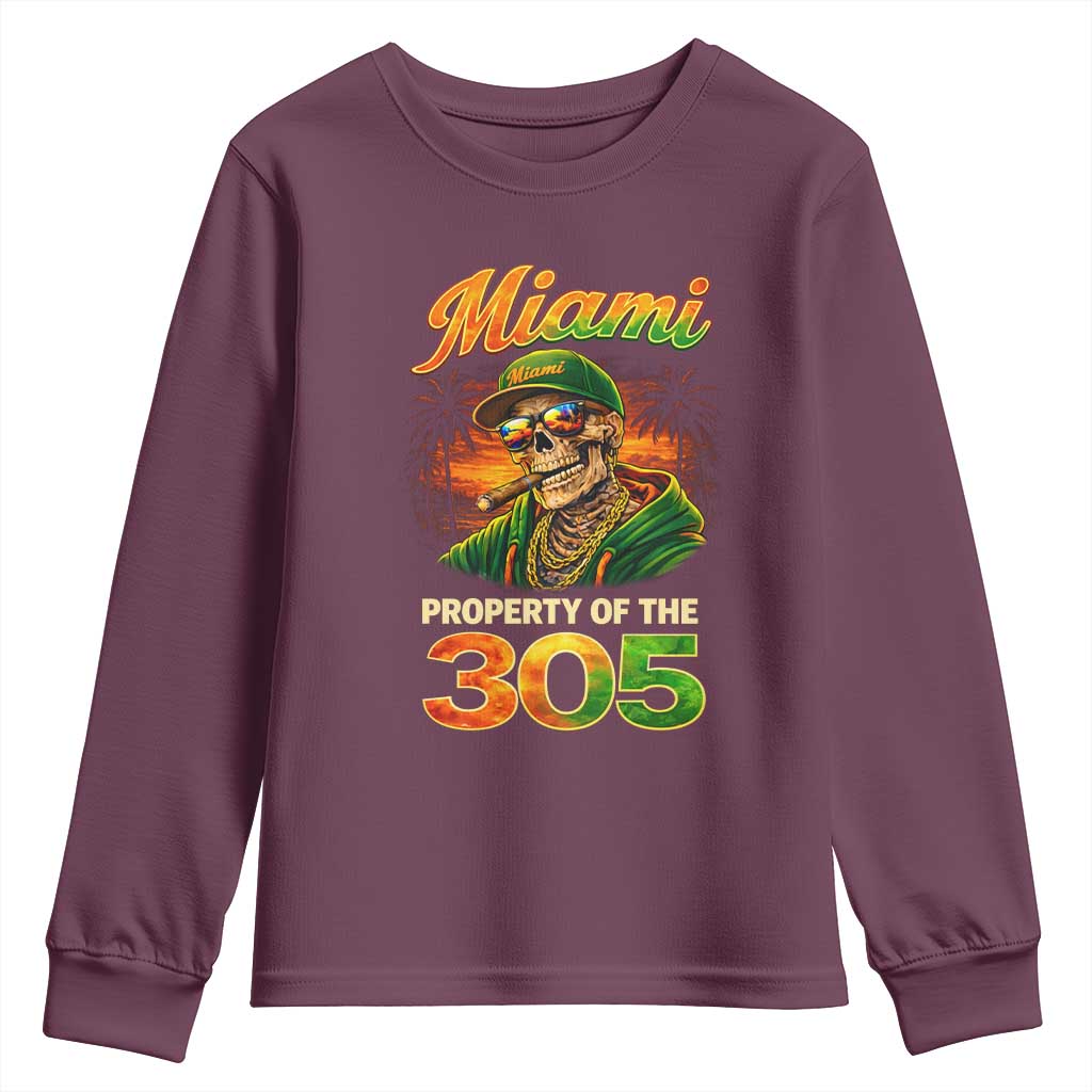 Miami Property of the 305 Skeleton Graphic Youth Sweatshirt Street King with Sunset Florida Swag TS02 Maroon Print Your Wear