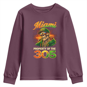 Miami Property of the 305 Skeleton Graphic Youth Sweatshirt Street King with Sunset Florida Swag TS02 Maroon Print Your Wear