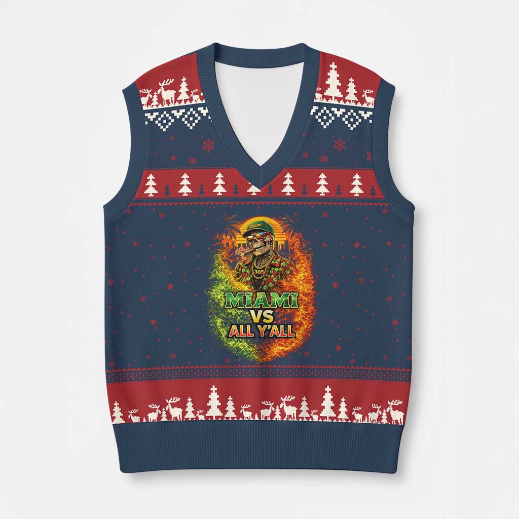 Miami vs All You All 305 Skeleton Flame Graphic V-Neck Knit Sweater Vest Tropical City Pride Florida Love TS02 Navy Red Print Your Wear