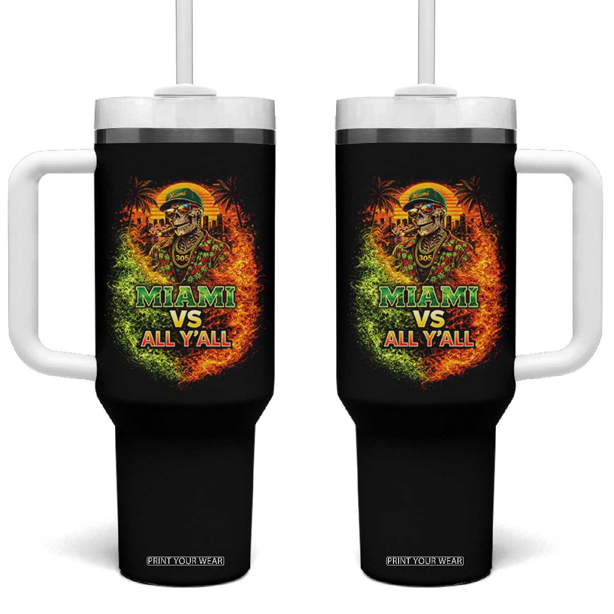 Miami vs All You All 305 Skeleton Flame Graphic Tumbler With Handle Tropical City Pride Florida Love TS02 One Size: 40 oz Black Print Your Wear