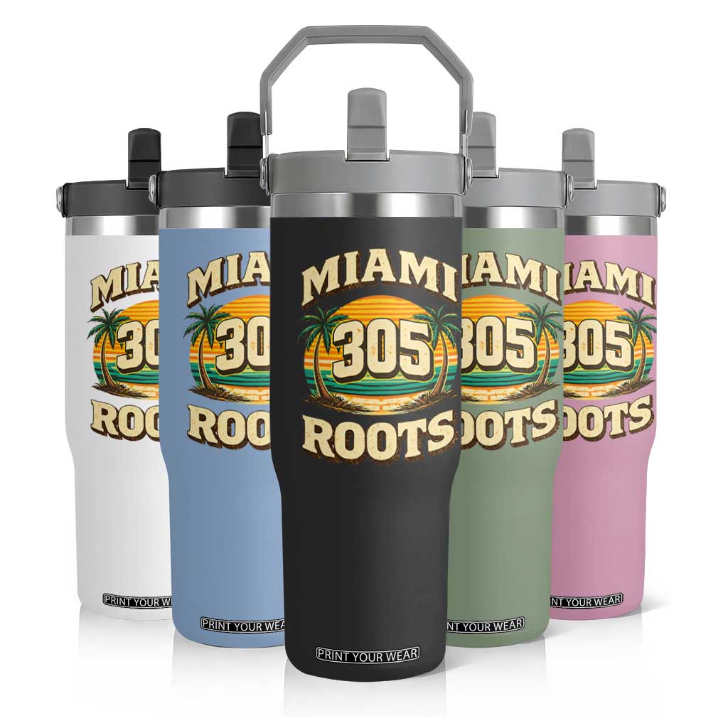 Vintage Miami 305 Roots Flip Straw Tumbler Retro Sunset Palm Trees Florida Natives TS02 Print Your Wear