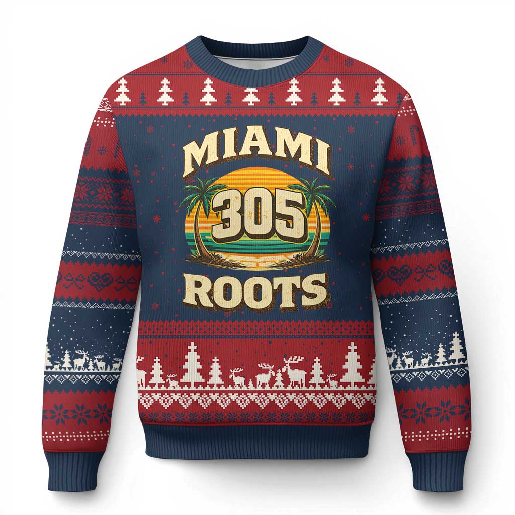 Vintage Miami 305 Roots Ugly Christmas Sweater Retro Sunset Palm Trees Florida Natives TS02 Navy Red Print Your Wear