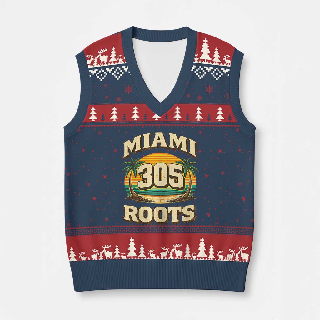 Vintage Miami 305 Roots V-Neck Knit Sweater Vest Retro Sunset Palm Trees Florida Natives TS02 Navy Red Print Your Wear