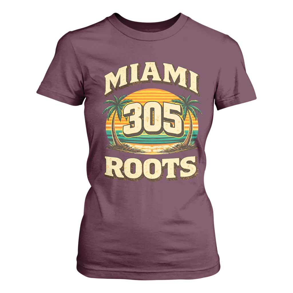 Vintage Miami 305 Roots T Shirt For Women Retro Sunset Palm Trees Florida Natives TS02 Maroon Print Your Wear