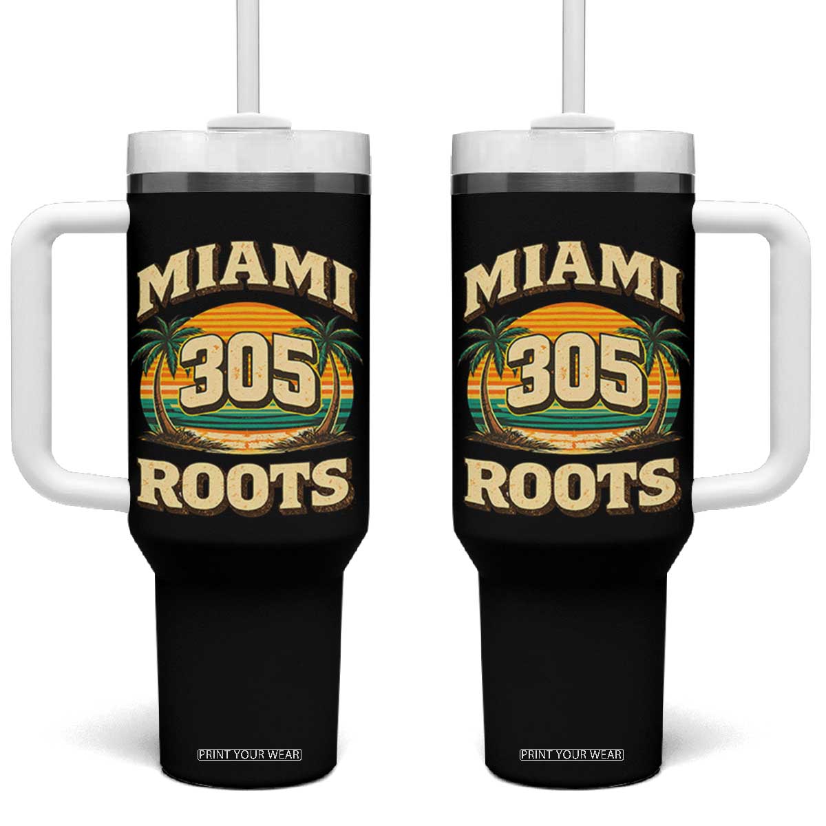 Vintage Miami 305 Roots Tumbler With Handle Retro Sunset Palm Trees Florida Natives TS02 One Size: 40 oz Black Print Your Wear