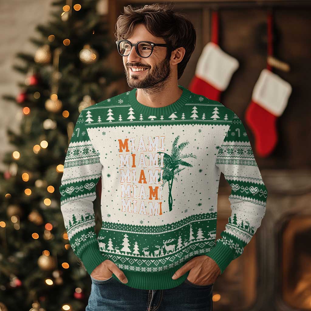Miami Pride Palm Tree Graphic Ugly Christmas Sweater Orange and Green Tropical City Vibes TS02 Beige Green Print Your Wear