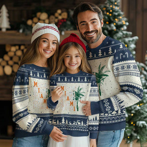 Miami Pride Palm Tree Graphic Ugly Christmas Sweater Orange and Green Tropical City Vibes TS02 Beige Navy Print Your Wear
