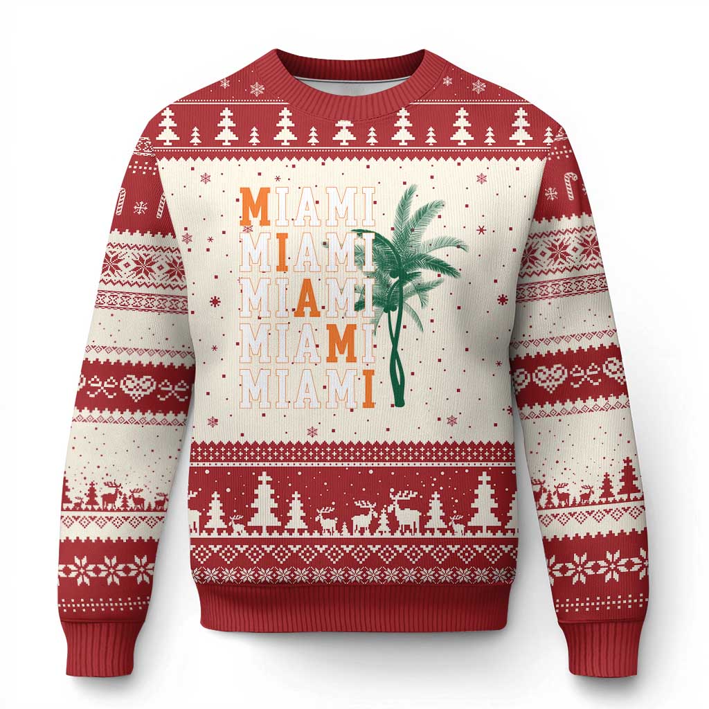 Miami Pride Palm Tree Graphic Ugly Christmas Sweater Orange and Green Tropical City Vibes TS02 Beige Red Print Your Wear