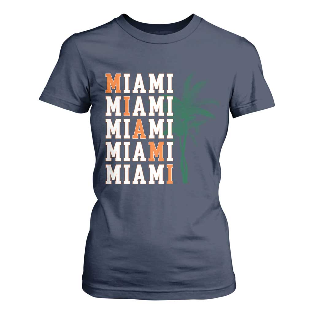 Miami Pride Palm Tree Graphic T Shirt For Women Orange and Green Tropical City Vibes TS02 Navy Print Your Wear