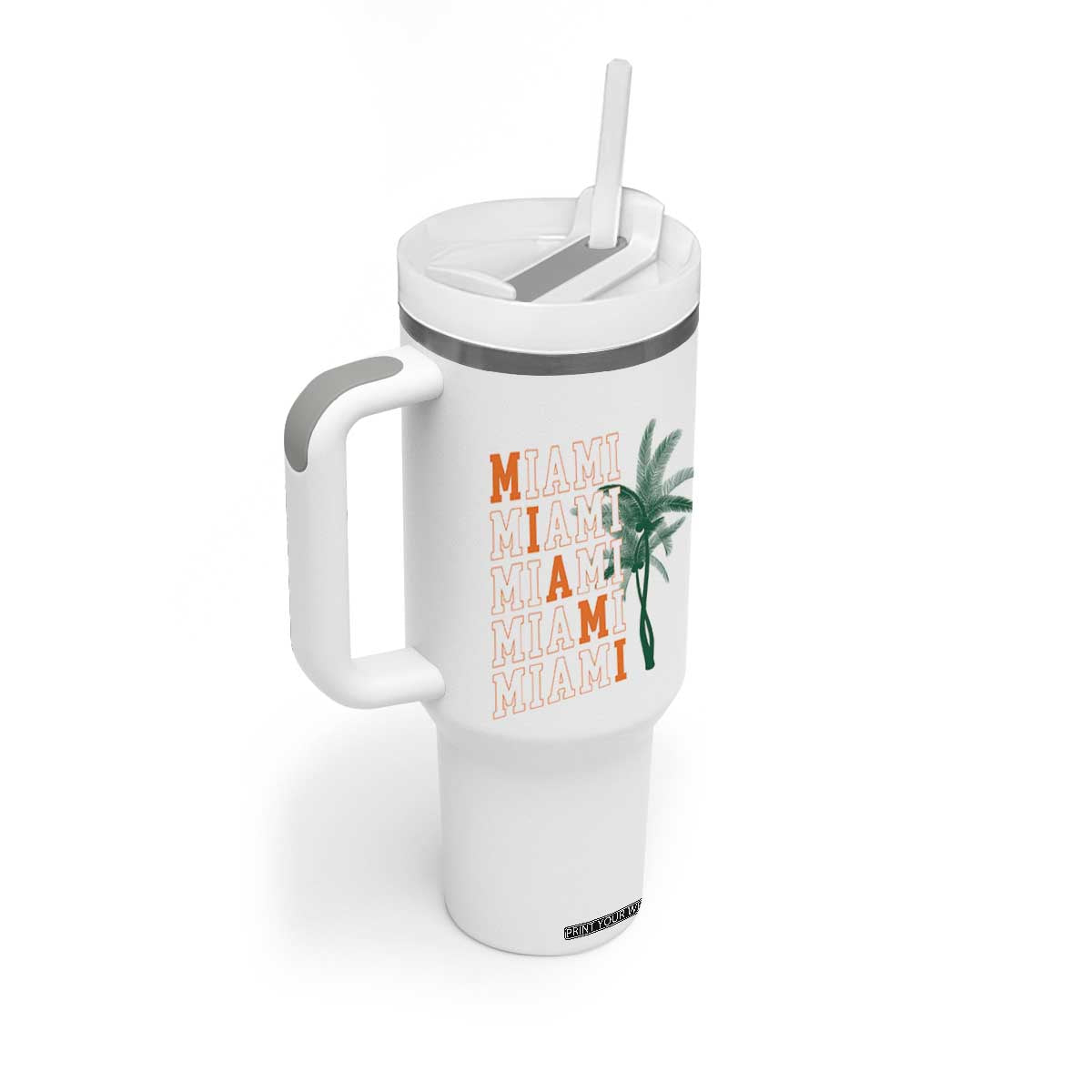 Miami Pride Palm Tree Graphic Tumbler With Handle Orange and Green Tropical City Vibes TS02 Print Your Wear