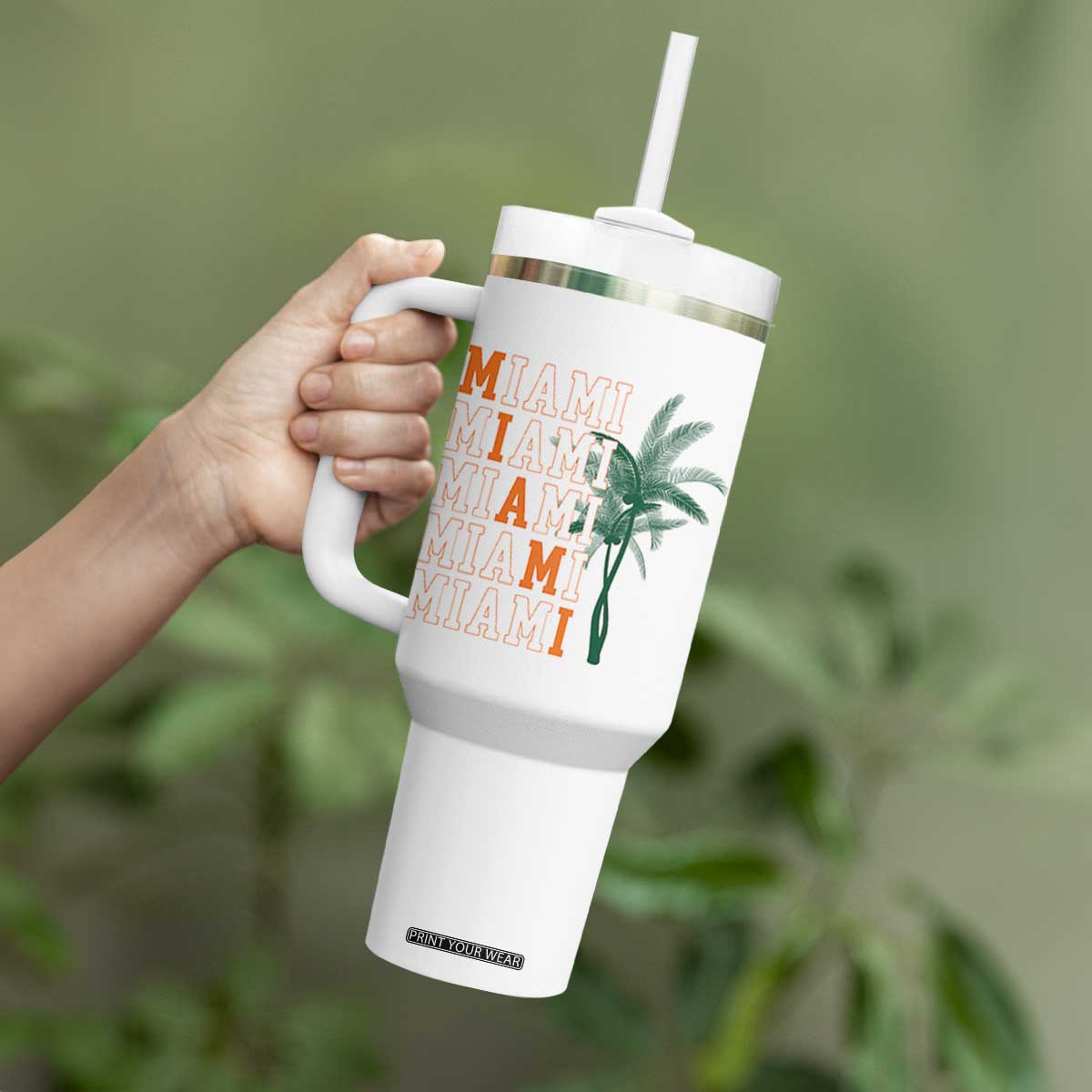 Miami Pride Palm Tree Graphic Tumbler With Handle Orange and Green Tropical City Vibes TS02 Print Your Wear