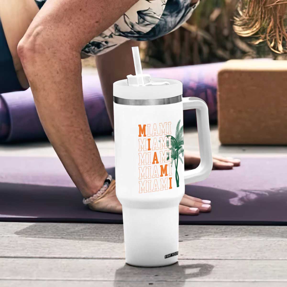 Miami Pride Palm Tree Graphic Tumbler With Handle Orange and Green Tropical City Vibes TS02 Print Your Wear