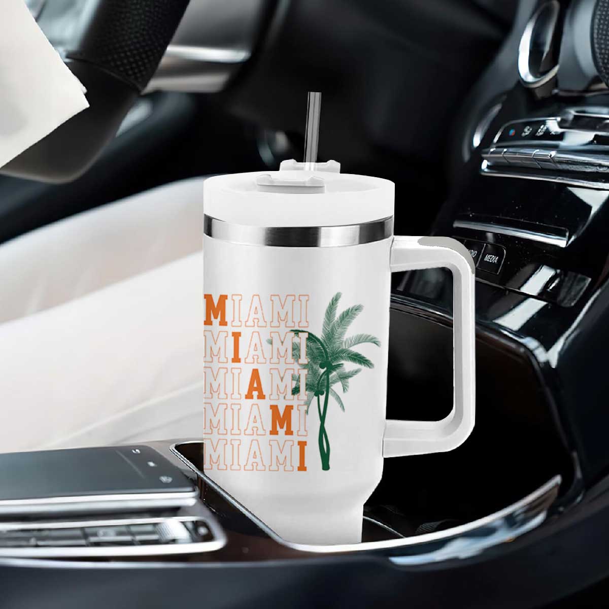 Miami Pride Palm Tree Graphic Tumbler With Handle Orange and Green Tropical City Vibes TS02 Print Your Wear