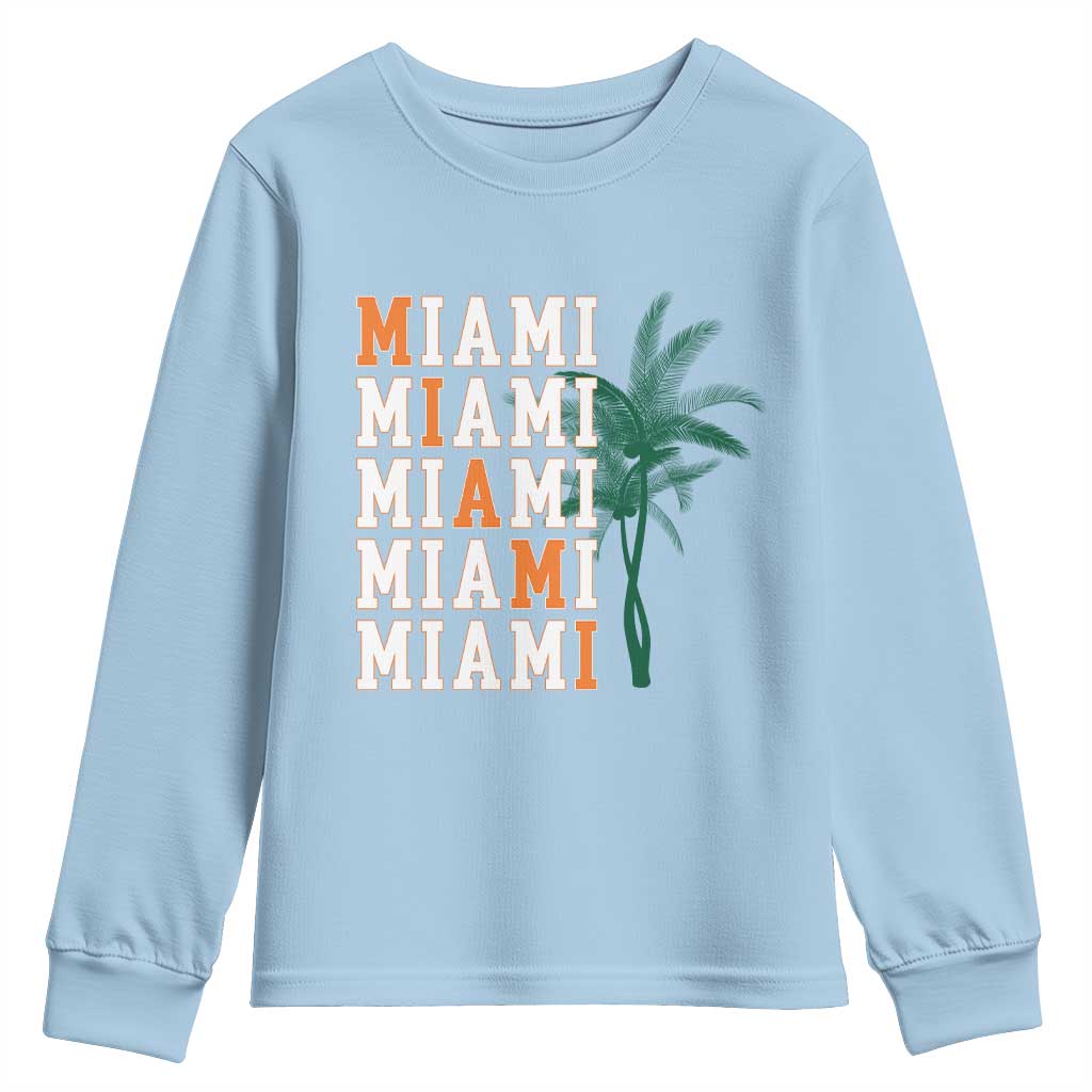 Miami Pride Palm Tree Graphic Youth Sweatshirt Orange and Green Tropical City Vibes TS02 Light Blue Print Your Wear