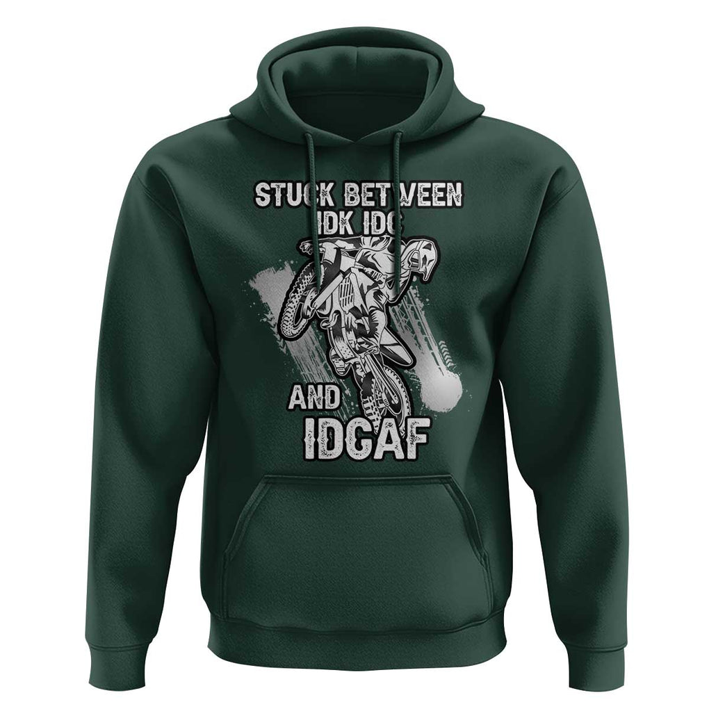 Dirt Bike Skull Hoodie Stuck Between Idk Idc And Idgaf Motorcross Biker TS02 Dark Forest Green Print Your Wear