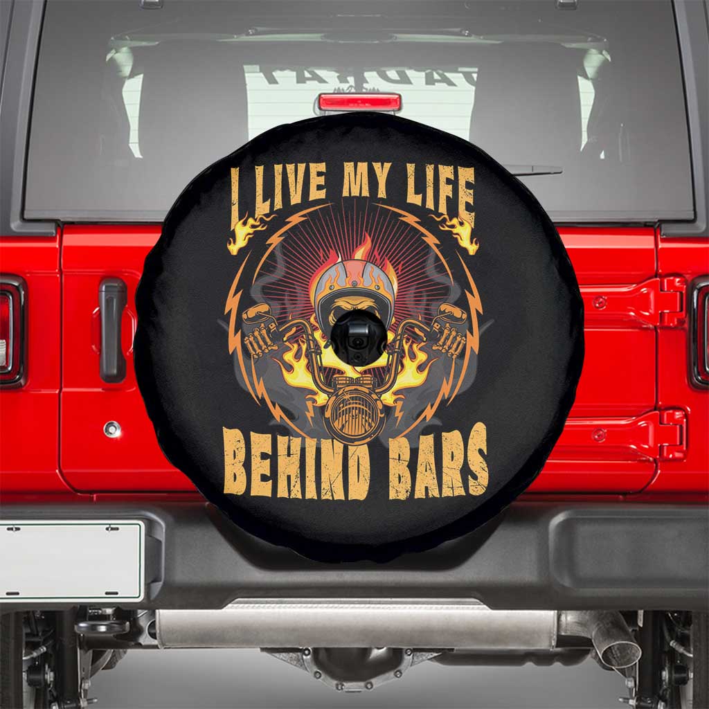 Biker Skull Spare Tire Cover I Live My Life Behind Bars Motorcycle Dirt Biker TS02 Black Print Your Wear