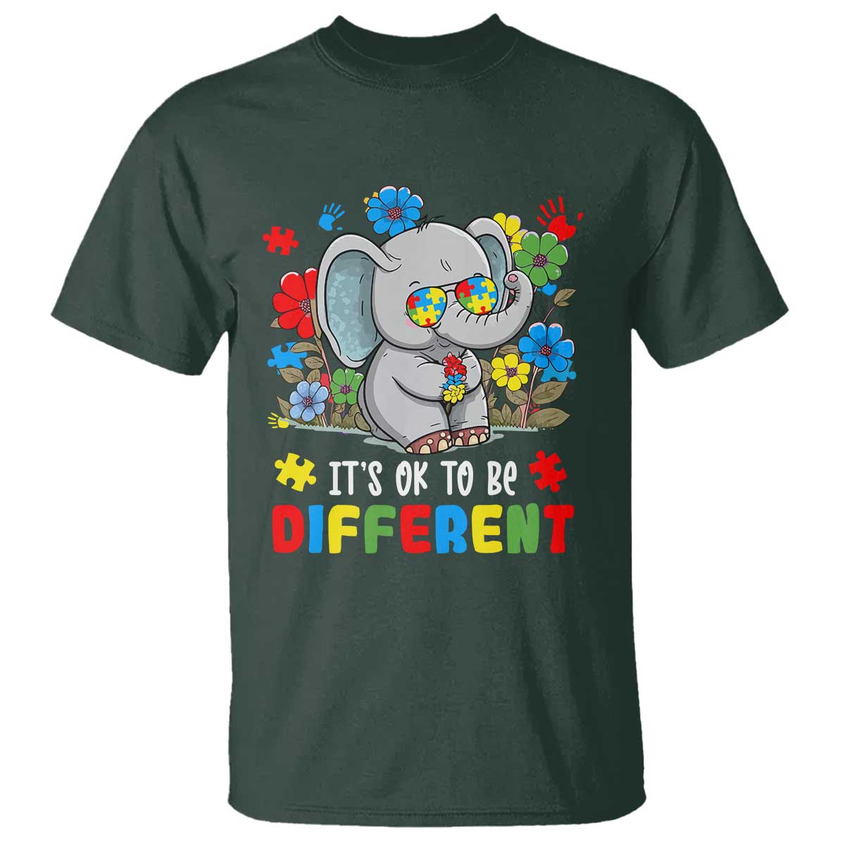 Autism Awareness Elephant T Shirt It's Ok To Be Different Proud Autistic Acceptance TS02 Dark Forest Green Printyourwear