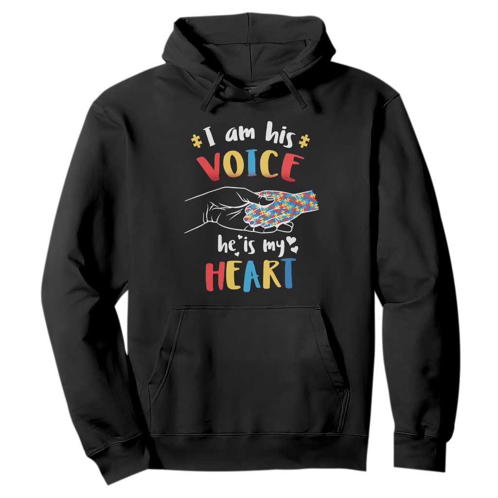Autism Parent Hoodie I Am His Voice He Is My Heart Mom Dad Family Love Support TS02 Black Printyourwear