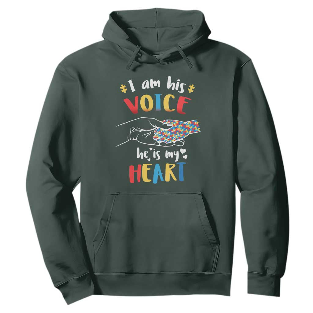 Autism Parent Hoodie I Am His Voice He Is My Heart Mom Dad Family Love Support TS02 Dark Forest Green Printyourwear
