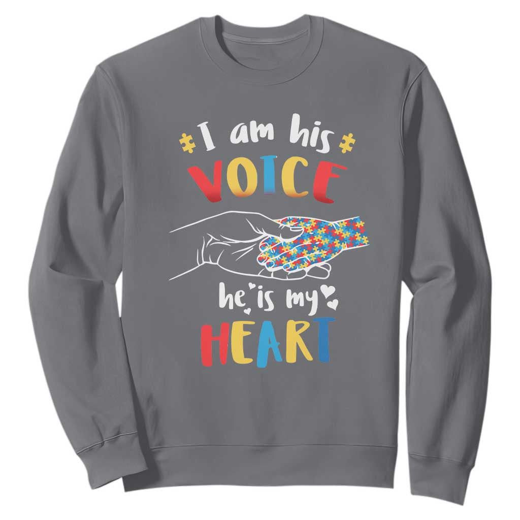 Autism Parent Sweatshirt I Am His Voice He Is My Heart Mom Dad Family Love Support TS02 Charcoal Printyourwear