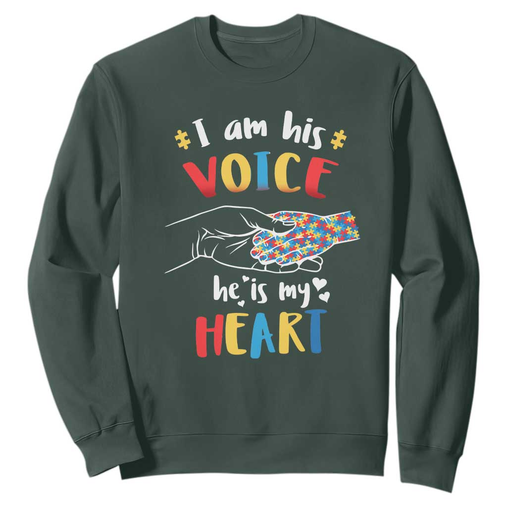 Autism Parent Sweatshirt I Am His Voice He Is My Heart Mom Dad Family Love Support TS02 Dark Forest Green Printyourwear