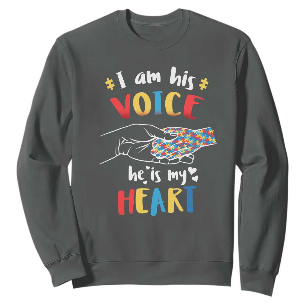 Autism Parent Sweatshirt I Am His Voice He Is My Heart Mom Dad Family Love Support TS02 Dark Heather Printyourwear