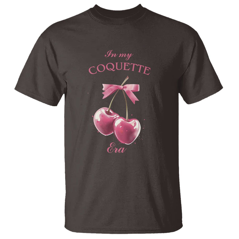In My Coquette Era T Shirt Pink Bow Cherry TS02 Dark Chocolate Printyourwear
