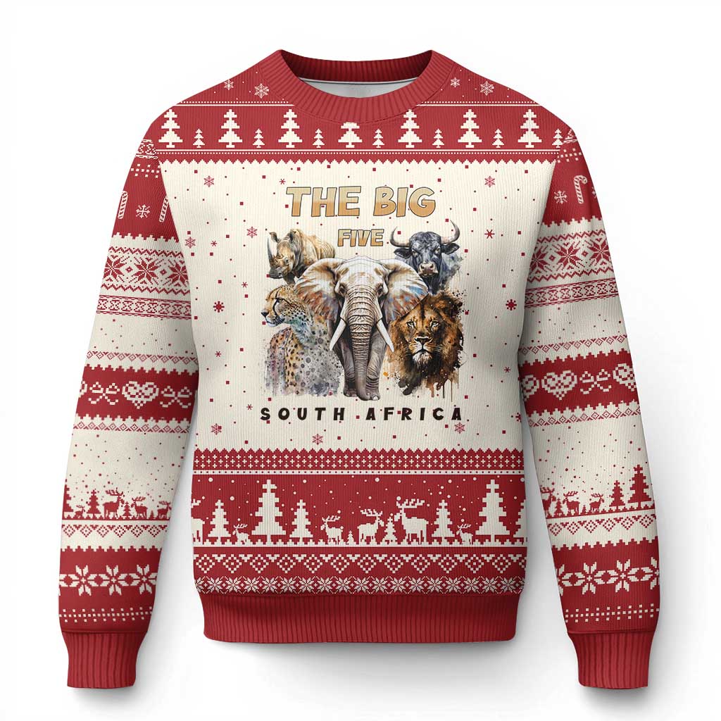 The Big Five South Africa Ugly Christmas Sweater Elephant Lion Rhino Buffalo Leopard Animals Safari Wildlife TS02 Beige Red Print Your Wear