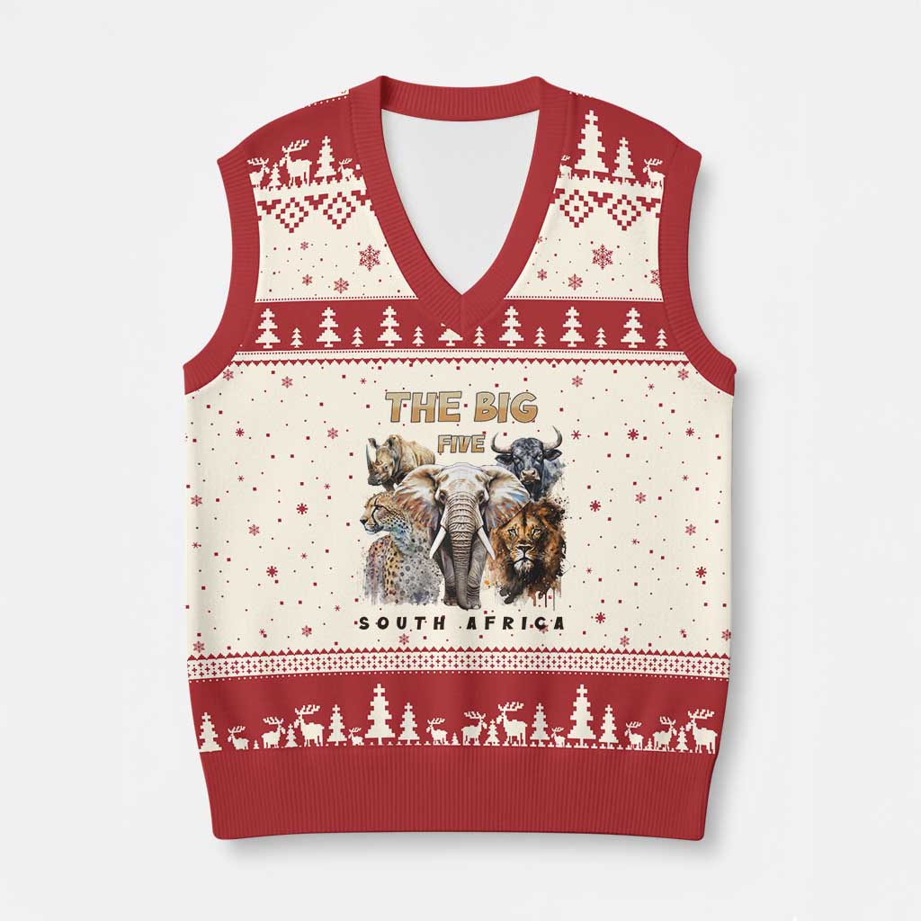 The Big Five South Africa V-Neck Knit Sweater Vest Elephant Lion Rhino Buffalo Leopard Animals Safari Wildlife TS02 Beige Red Print Your Wear