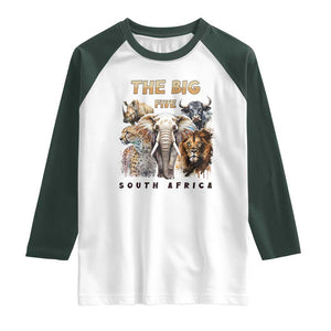 The Big Five South Africa Raglan Shirt Elephant Lion Rhino Buffalo Leopard Animals Safari Wildlife TS02 White Dark Forest Green Print Your Wear