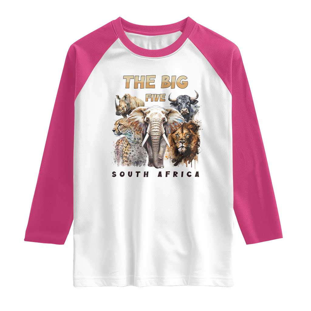 The Big Five South Africa Raglan Shirt Elephant Lion Rhino Buffalo Leopard Animals Safari Wildlife TS02 White Heliconia Print Your Wear