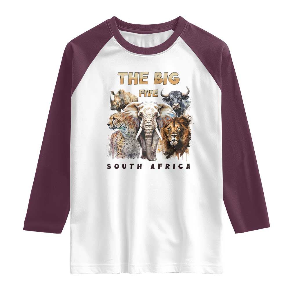 The Big Five South Africa Raglan Shirt Elephant Lion Rhino Buffalo Leopard Animals Safari Wildlife TS02 White Maroon Print Your Wear