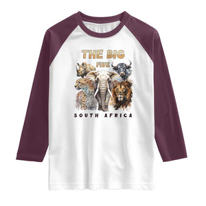 The Big Five South Africa Raglan Shirt Elephant Lion Rhino Buffalo Leopard Animals Safari Wildlife TS02 White Maroon Print Your Wear