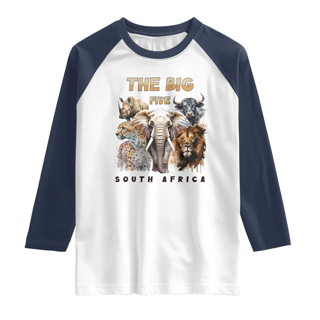 The Big Five South Africa Raglan Shirt Elephant Lion Rhino Buffalo Leopard Animals Safari Wildlife TS02 White Navy Print Your Wear