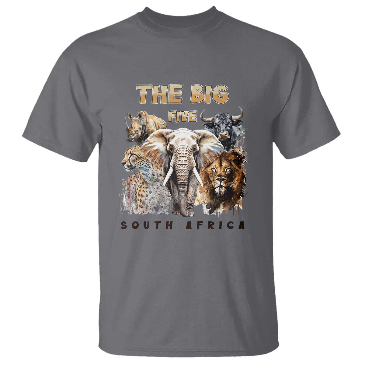 The Big Five South Africa T Shirt Elephant Lion Rhino Buffalo Leopard Animals Safari Wildlife TS02 Charcoal Print Your Wear