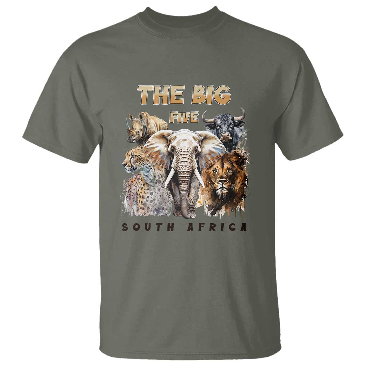 The Big Five South Africa T Shirt Elephant Lion Rhino Buffalo Leopard Animals Safari Wildlife TS02 Military Green Print Your Wear
